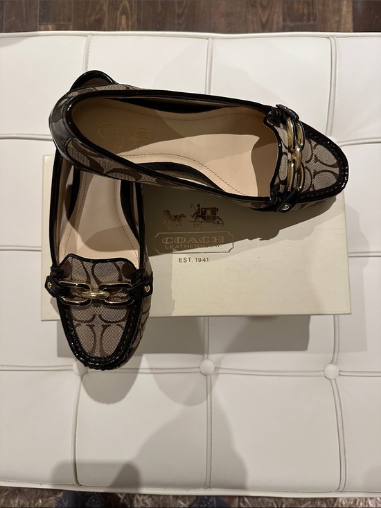 Coach Shoes - Coach Brown Signature Canvas Loafers with Black Patent Trim and Gold Chain